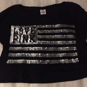Black crop top with silver sequence flag